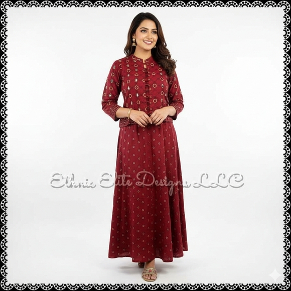 Salwar Kameez Dresses & Skirts - New Elegant Maroon real mirror Maxi Dress + jacket Size L